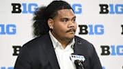 UCLA Bruins defensive tackle Jay Toia speaks to the media during the Big 10 football media day at Lucas Oil Stadium.