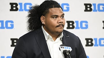 UCLA Bruins defensive tackle Jay Toia speaks to the media during the Big 10 football media day at Lucas Oil Stadium.