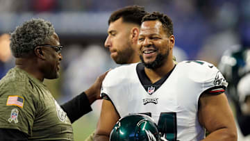 Philadelphia Eagles defensive tackle Ndamukong Suh laughs before an NFL game Sunday, Nov. 20, 2022
