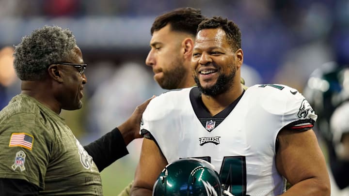 Philadelphia Eagles defensive tackle Ndamukong Suh laughs before an NFL game Sunday, Nov. 20, 2022 Philadelphia Eagles defensive tackle Ndamukong Suh laughs before an NFL game Sunday, Nov. 20, 2022