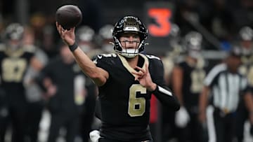 Nov 23, 2025; New Orleans, Louisiana, USA; New Orleans Saints quarterback Tyler Shough (6) looks to throw downfield against the Atlanta Falcons during the second half at Caesars Superdome. Mandatory Credit: Matthew Hinton-Imagn Images