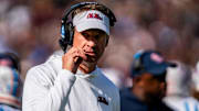 Ole Miss head coach Lane Kiffin walks off the field during a college football game between Mississippi State and Ole Miss at Davis Wade Stadium in Starkville, Miss., on Friday, Nov. 28, 2025. The Egg Bowl game marks the 122nd meeting between the two teams.