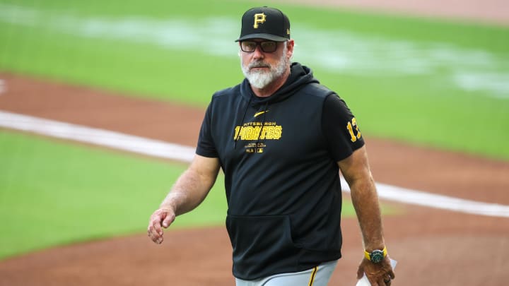 Jun 28, 2024; Atlanta, Georgia, USA; Pittsburgh Pirates manager Derek Shelton (17) on the field before a game against the Atlanta Braves at Truist Park. Mandatory Credit: Brett Davis-USA TODAY Sports