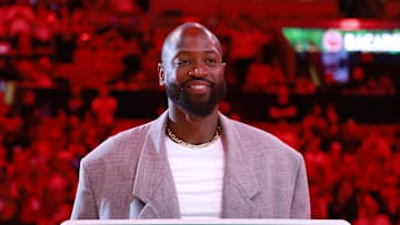 Oct 28, 2024; Miami, Florida, USA;  Former Miami Heat guard Dwyane Wade is honored with 'Dwayne Wade Blvd' at halftime during a game against the Detroit Pistons at Kaseya Center. Mandatory Credit: Rhona Wise-Imagn Images