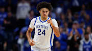 Oct 24, 2025; Lexington, KY, USA; Kentucky Wildcats center Malachi Moreno (24) reacts after scoring a basket during the first half against the Purdue Boilermakers at Rupp Arena at Central Bank Center. Mandatory Credit: Jordan Prather-Imagn Images