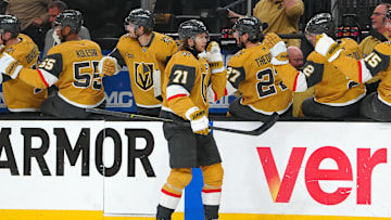 Apr 29, 2025; Las Vegas, Nevada, USA; Vegas Golden Knights center William Karlsson (71) celebrates after scoring a goal against the Minnesota Wild during the first period of game five of the first round of the 2025 Stanley Cup Playoffs at T-Mobile Arena. Mandatory Credit: Stephen R. Sylvanie-Imagn Images