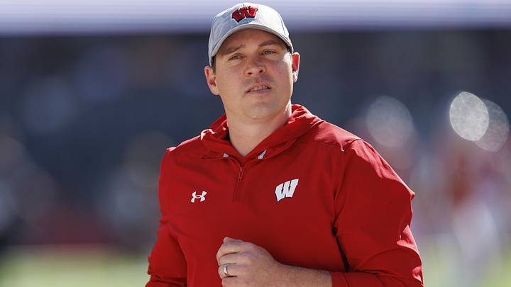 Oct 22, 2022; Madison, Wisconsin, USA;  Wisconsin Badgers head coach Jim Leonhard during warmups prior to the game against the Purdue Boilermakers at Camp Randall Stadium. Mandatory Credit: Jeff Hanisch-Imagn Images