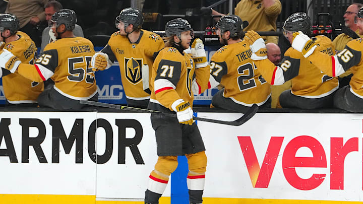 Apr 29, 2025; Las Vegas, Nevada, USA; Vegas Golden Knights center William Karlsson (71) celebrates after scoring a goal against the Minnesota Wild during the first period of game five of the first round of the 2025 Stanley Cup Playoffs at T-Mobile Arena. Mandatory Credit: Stephen R. Sylvanie-Imagn Images