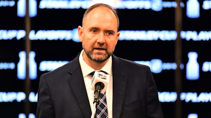 Apr 30, 2019; Denver, CO, USA; San Jose Sharks head coach Peter DeBoer speaks to the media following the game three win over the Colorado Avalanche in the second round of the 2019 Stanley Cup Playoffs at Pepsi Center. Mandatory Credit: Ron Chenoy-Imagn Images