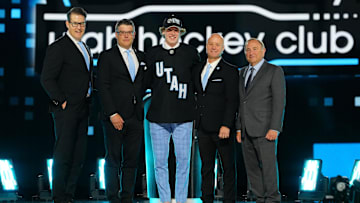 Jun 28, 2024; Las Vegas, Nevada, USA; Cole Beaudoin is selected by the Utah Hockey Club with the 24th overall pick in the first round of the 2024 NHL Draft at The Sphere. Mandatory Credit: Stephen R. Sylvanie-USA TODAY Sports