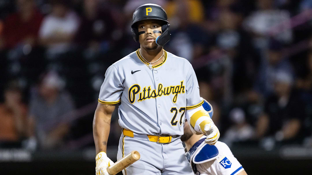 Nov 9, 2025; Mesa, AZ, USA; Pittsburgh Pirates outfielder Esmerlyn Valdez during the Arizona Fall League Fall Stars Game at Sloan Park. Mandatory Credit: Mark J. Rebilas-Imagn Images