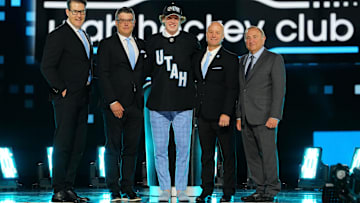 Jun 28, 2024; Las Vegas, Nevada, USA; Cole Beaudoin is selected by the Utah Hockey Club with the 24th overall pick in the first round of the 2024 NHL Draft at The Sphere. Mandatory Credit: Stephen R. Sylvanie-USA TODAY Sports