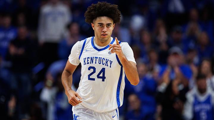 Oct 24, 2025; Lexington, KY, USA; Kentucky Wildcats center Malachi Moreno (24) reacts after scoring a basket during the first half against the Purdue Boilermakers at Rupp Arena at Central Bank Center. Mandatory Credit: Jordan Prather-Imagn Images