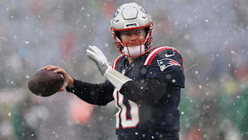 Jan 7, 2024; Foxborough, Massachusetts, USA; New England Patriots quarterback Mac Jones (10) warms