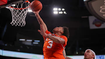Mar 4, 2025; Atlanta, Georgia, USA; Miami Hurricanes guard Jalil Bethea (3) shoots against the Georgia Tech Yellow Jackets in the first half at McCamish Pavilion. Mandatory Credit: Brett Davis-Imagn Images
