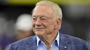 Aug 16, 2025; Arlington, Texas, USA; Dallas Cowboys owner Jerry Jones (left) looks on before the game against the Baltimore Ravens at AT&T Stadium. Mandatory Credit: Jerome Miron-Imagn Images