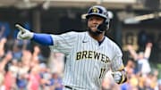 Milwaukee, Wisconsin, USA; Milwaukee Brewers center fielder Jackson Chourio (11) reacts after hitting a three-run home run in the eighth inning against the Washington Nationals at American Family Field.
