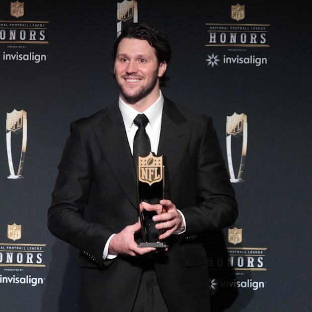 Buffalo Bills quarterback Josh Allen with his NFL MVP award.