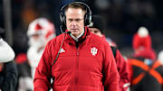 Indiana coach Curt Cignetti walks the sidelines Nov. 28, 2025, during the Old Oaken Bucket game at Ross-Ade Stadium in West Lafayette.