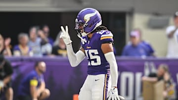 Aug 9, 2025; Minneapolis, Minnesota, USA; Minnesota Vikings cornerback Kahlef Hailassie (25) reacts after an interception during the fourth quarter against the Houston Texans at U.S. Bank Stadium. Mandatory Credit: Jeffrey Becker-Imagn Images