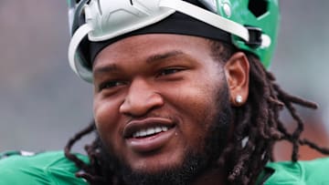 Oct 26, 2025; Philadelphia, Pennsylvania, USA; Philadelphia Eagles defensive tackle Jalen Carter (98) looks on during the third quarter against the New York Giants at Lincoln Financial Field. Mandatory Credit: Bill Streicher-Imagn Images