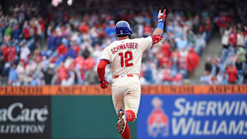 May 4, 2025; Philadelphia, Pennsylvania, USA; Philadelphia Phillies outfielder Kyle Schwarber (12) runs the bases after hitting a home run during the ninth inning against the Arizona Diamondbacks at Citizens Bank Park. 