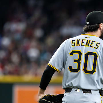 Detailed view of the jersey of Pittsburgh Pirates pitcher Paul Skenes against the Arizona Diamondbacks in at Chase Field.