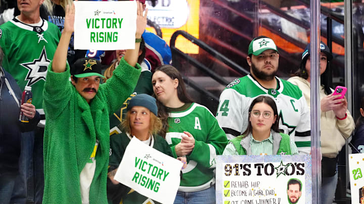 May 1, 2025; Denver, Colorado, USA; Dallas Stars fans before the game against the Colorado Avalanche in game six of the first round of the 2025 Stanley Cup Playoffs at Ball Arena. Mandatory Credit: Ron Chenoy-Imagn Images