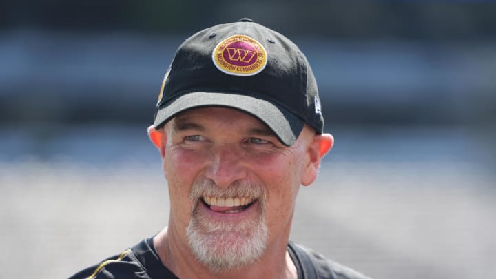 Aug 10, 2024; East Rutherford, New Jersey, USA; Washington Commanders head coach Dan Quinn smiles before the game against the New York Jets at MetLife Stadium. Mandatory Credit: Lucas Boland-USA TODAY Sports