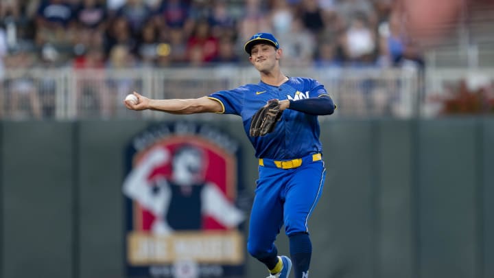 Minnesota Twins shortstop Brooks Lee (72) throws the ball to first base for an out against the Chicago White Sox in the fourth inning at Target Field in Minneapolis on Aug. 2, 2024. 