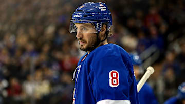 Feb 2, 2025; New York, New York, USA; New York Rangers center J.T. Miller (8) skates during a break against the Vegas Golden Knights during the third period at Madison Square Garden. Mandatory Credit: Danny Wild-Imagn Images