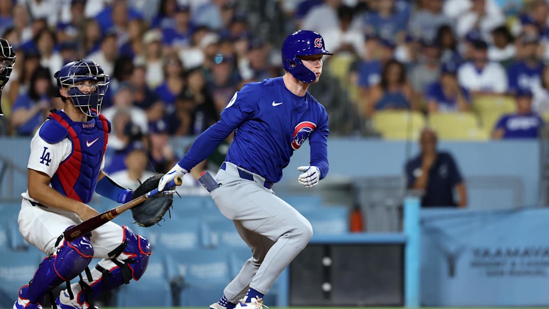 Chicago Cubs center fielder Pete Crow-Armstrong hits against the Los Angeles Dodgers at Dodger Stadium.
