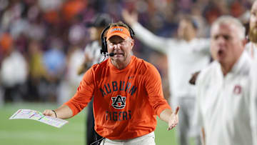 Oct 18, 2025; Auburn, Alabama, USA;  Auburn Tigers head coach Hugh Freeze reacts after a play during the fourth quarter against the Missouri Tigers at Jordan-Hare Stadium. Mandatory Credit: John Reed-Imagn Images