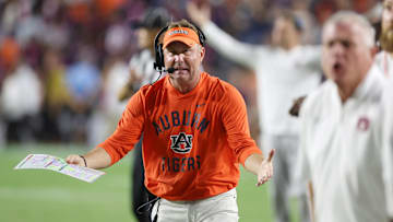 Oct 18, 2025; Auburn, Alabama, USA;  Auburn Tigers head coach Hugh Freeze reacts after a play during the fourth quarter against the Missouri Tigers at Jordan-Hare Stadium. Mandatory Credit: John Reed-Imagn Images
