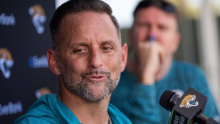 Jacksonville Jaguars Defensive Coordinator Anthony Campanile answers questions after the Jaguars 14th NFL training camp session at Miller Electric Center Tuesday August 12, 2025 in Jacksonville, Fla. The Jaguars travel to New Orleans to play the Saints this Sunday in their second preseason game. [Doug Engle/Florida Times-Union]