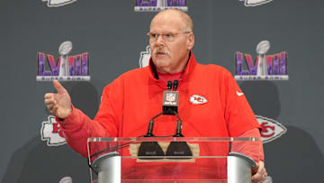 Feb 8, 2024; Las Vegas, NV, USA; Kansas City Chiefs head coach Andy Reid during a press conference before Super Bowl LVIII at Westin Lake Las Vegas Resort and Spa. Mandatory Credit: Kyle Terada-Imagn Images