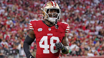 Sep 9, 2024; Santa Clara, California, USA; San Francisco 49ers linebacker Tatum Bethune (48) jogs off the field in the third quarter against the New York Jets at Levi's Stadium. Mandatory Credit: David Gonzales-Imagn Images