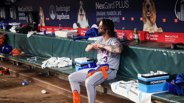 Sep 24, 2024; Atlanta, Georgia, USA; New York Mets designated hitter Jesse Winker (3) sits in the dugout after a loss to the Atlanta Braves at Truist Park. Mandatory Credit: Brett Davis-Imagn Images