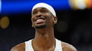 May 9, 2025; Denver, Colorado, USA; Oklahoma City Thunder guard Shai Gilgeous-Alexander (2) reacts before the game against the Denver Nuggets during game three of the second round for the 2025 NBA Playoffs at Ball Arena.