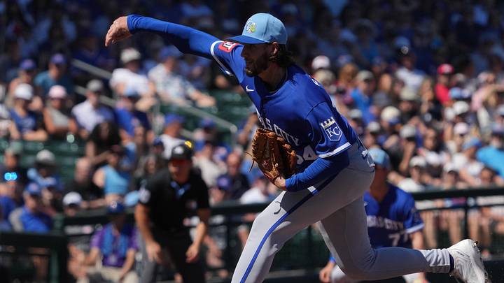 Mar 11, 2026; Mesa, Arizona, USA; Kansas City Royals pitcher Mitch Spence (54) throws against the Chicago Cubs in the first inning at Sloan Park. Mandatory Credit: Rick Scuteri-Imagn Images