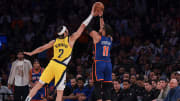 May 14, 2024; New York, New York, USA; New York Knicks guard Jalen Brunson (11) shoots the ball against Indiana Pacers guard Andrew Nembhard (2).