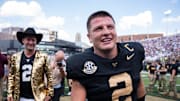 Vanderbilt quarterback Diego Pavia (2) celebrates following the game between Vanderbilt University and Louisiana State University at FirstBank Stadium in Nashville, Tenn., Saturday, Oct. 18, 2025.