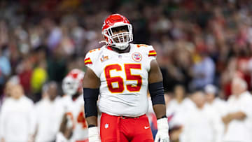 Feb 9, 2025; New Orleans, LA, USA;  Kansas City Chiefs guard Trey Smith (65) against the Philadelphia Eagles in Super Bowl LIX at Ceasars Superdome. Mandatory Credit: Mark J. Rebilas-Imagn Images