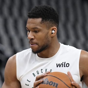 Apr 25, 2025; Milwaukee, Wisconsin, USA; Milwaukee Bucks forward Giannis Antetokounmpo (34) warms up before game three of first round of the 2024 NBA Playoffs at Fiserv Forum. Mandatory Credit: Michael McLoone-Imagn Images