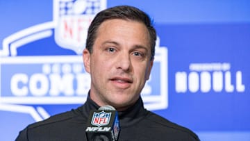 Feb 28, 2023; Indianapolis, IN, USA; Kansas City Chiefs general manager Brett Veach speaks to the press at the NFL Combine at Lucas Oil Stadium. Mandatory Credit: Trevor Ruszkowski-Imagn Images