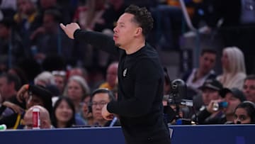 Apr 9, 2025; San Francisco, California, USA;  San Antonio Spurs interim head coach Mitch Johnson gives direction against the Golden State Warriors in the second period at Chase Center. Mandatory Credit: David Gonzales-Imagn Images