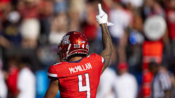 Nov 30, 2024; Tucson, Arizona, USA; Detailed view of the jersey of Arizona Wildcats wide receiver Tetairoa McMillan (4) against the Arizona State Sun Devils during the Territorial Cup at Arizona Stadium. Mandatory Credit: Mark J. Rebilas-Imagn Images