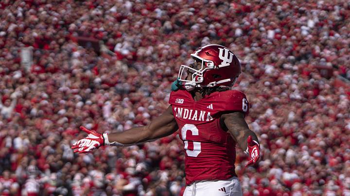 Oct 26, 2024; Bloomington, Indiana, USA; Indiana Hoosiers running back Justice Ellison (6) celebrates scoring a touchdown during the third quarter against the Washington Huskies at Memorial Stadium. Mandatory Credit: Jacob Musselman-Imagn Images
