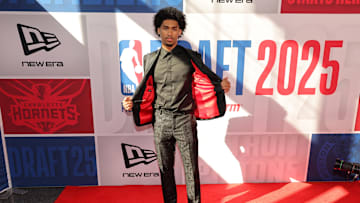 Jun 25, 2025; Brooklyn, NY, USA; Dylan Harper arrives before the first round of the 2025 NBA Draft at Barclays Center. Mandatory Credit: Brad Penner-Imagn Images