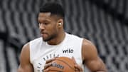 Milwaukee Bucks forward Giannis Antetokounmpo warms up before game three of the first round of the 2025 NBA Playoffs.